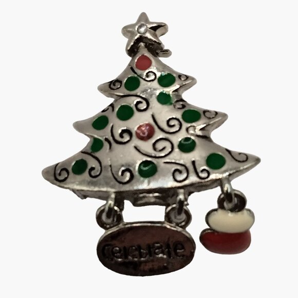 Christmas Tree Brooch Pin Celebrate Charm Stocking Dangle Holiday Pinback - Picture 4 of 5